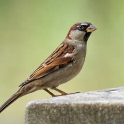 House Sparrow — Chunky, gray cap, black bib (male)