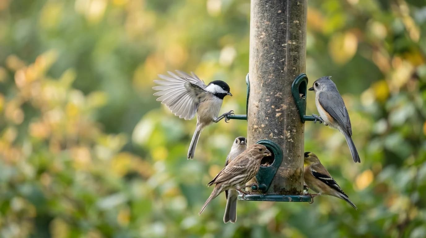 A small mixed flock of songbirds at a backyard feeder station, a chickadee mid-landing and a house finch on the perch below.