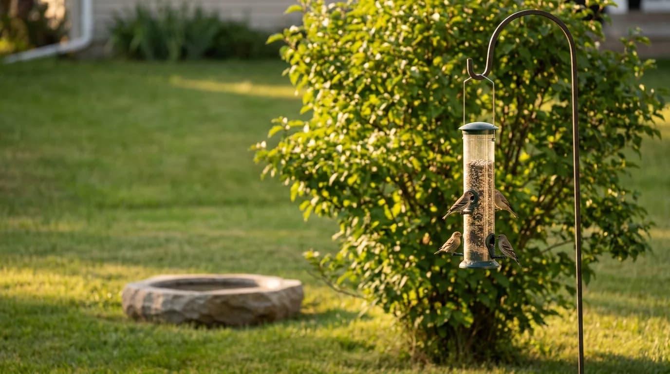 A tube feeder hanging from a shepherd's hook a short flight from a leafy shrub, with a shallow bird bath on the grass nearby.