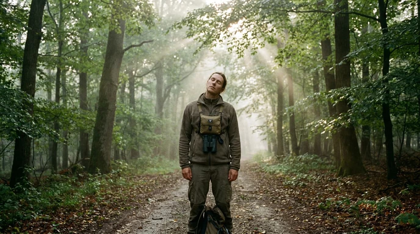 A birder standing still on a wooded trail at dawn with eyes closed, listening rather than looking.